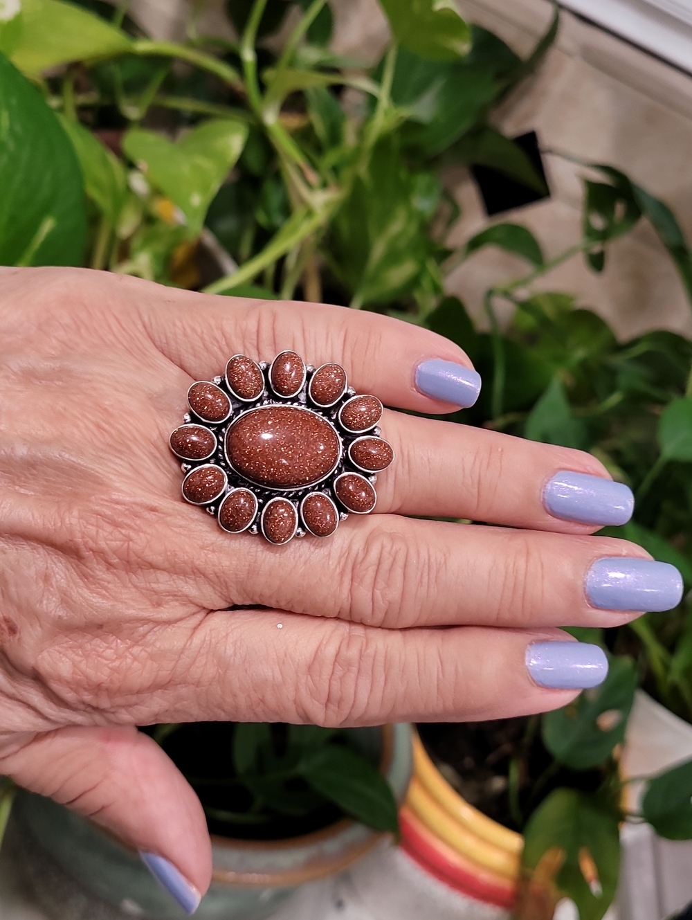 Gold Stone Sterling Ring Chunky Artisan Crafted
